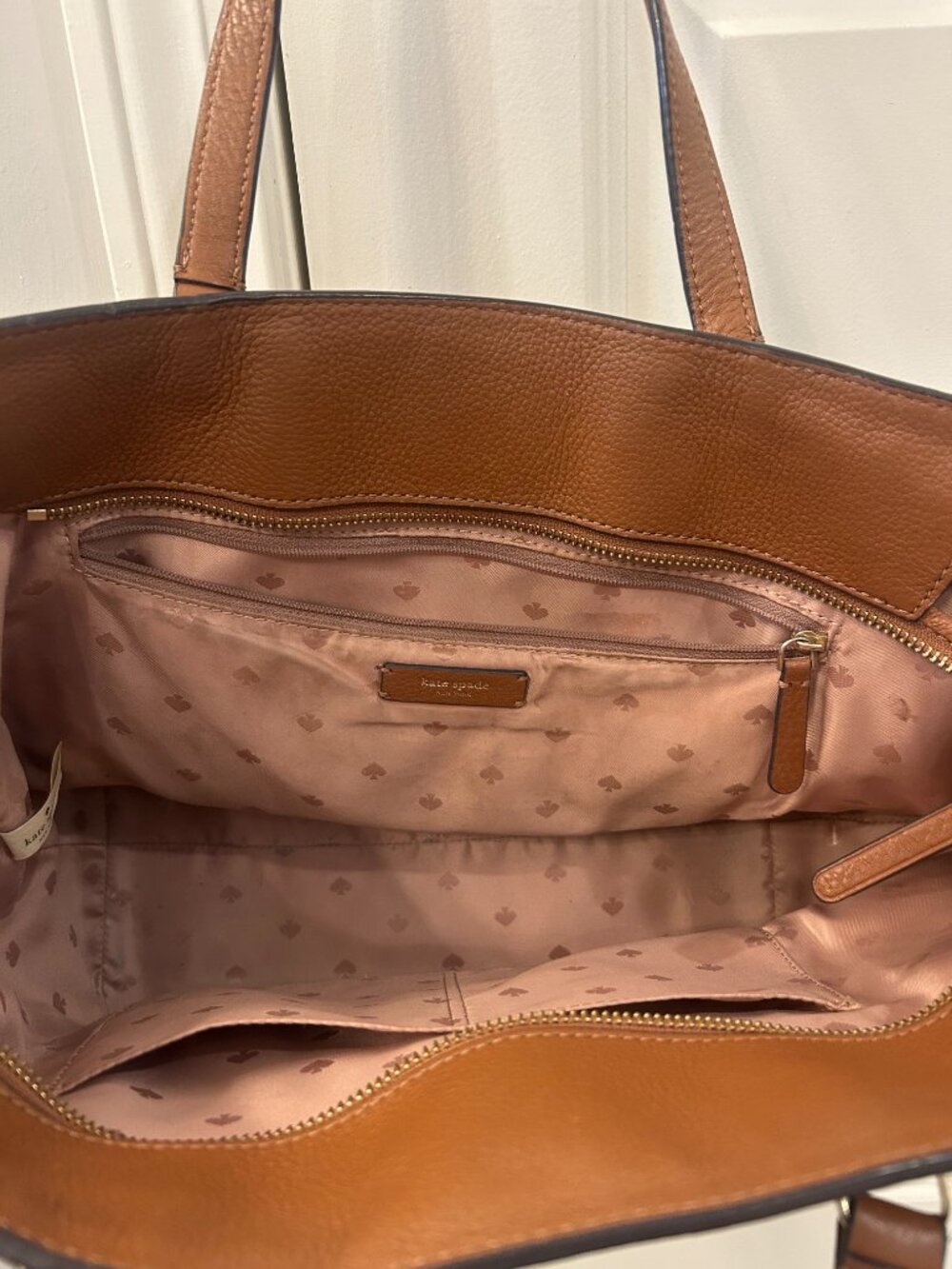 Kate Spade Pebbled Leather Tote Brown Cognac Pink Lining Large Work Bag - Picture 3 of 5